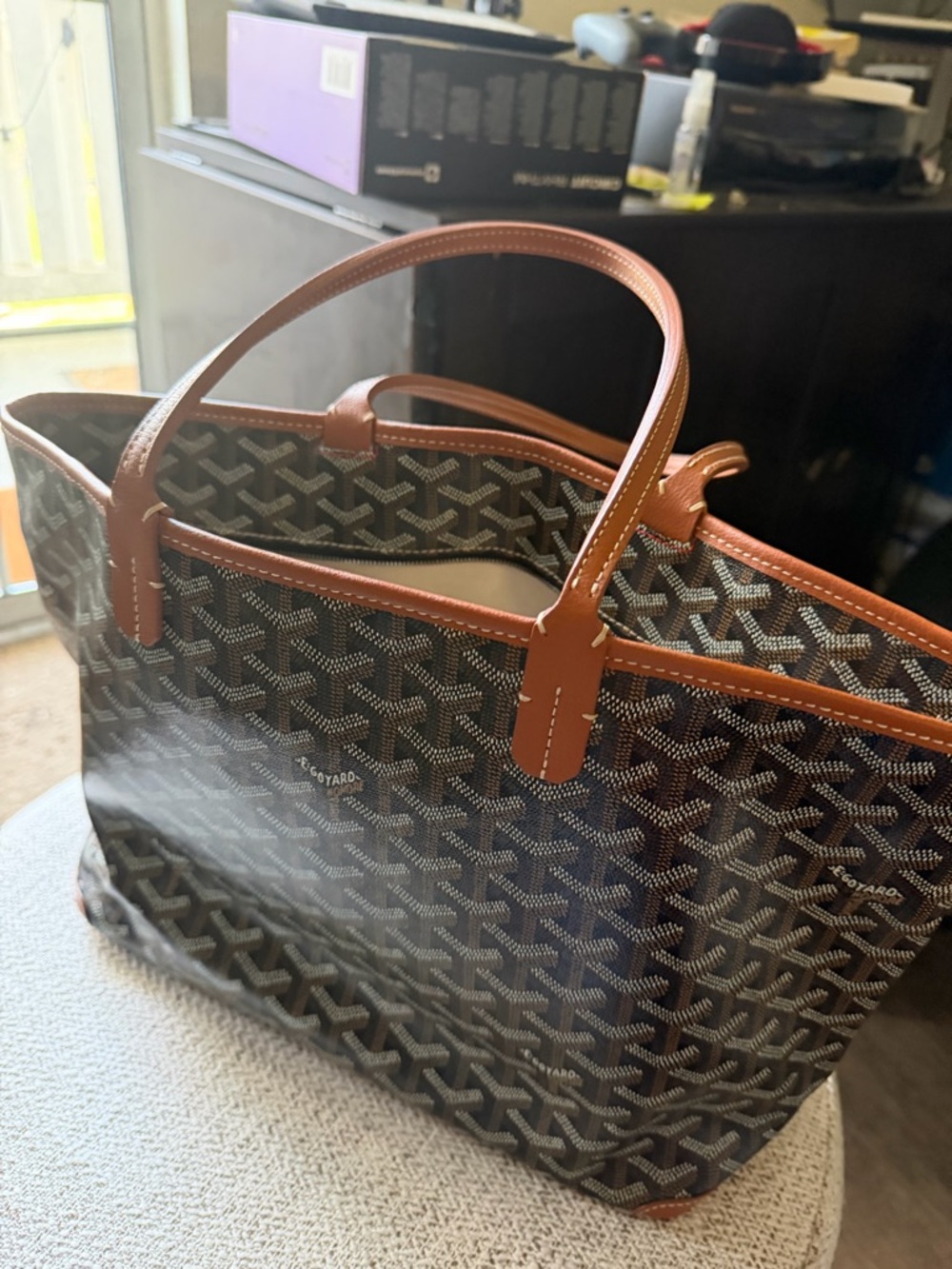 Goyard Black Patterned Tote with Brown Trim